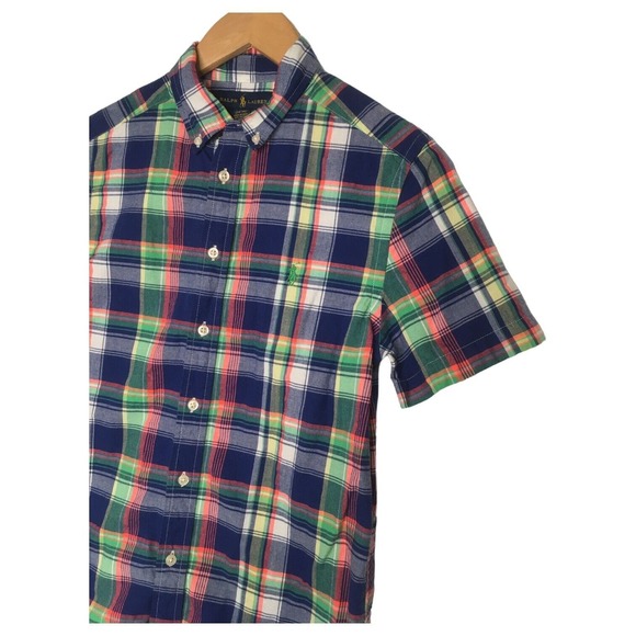 Ralph Lauren Shirt Boys L Plaid Button Up Short Sleeve Preppy Collar Blue - Picture 4 of 12